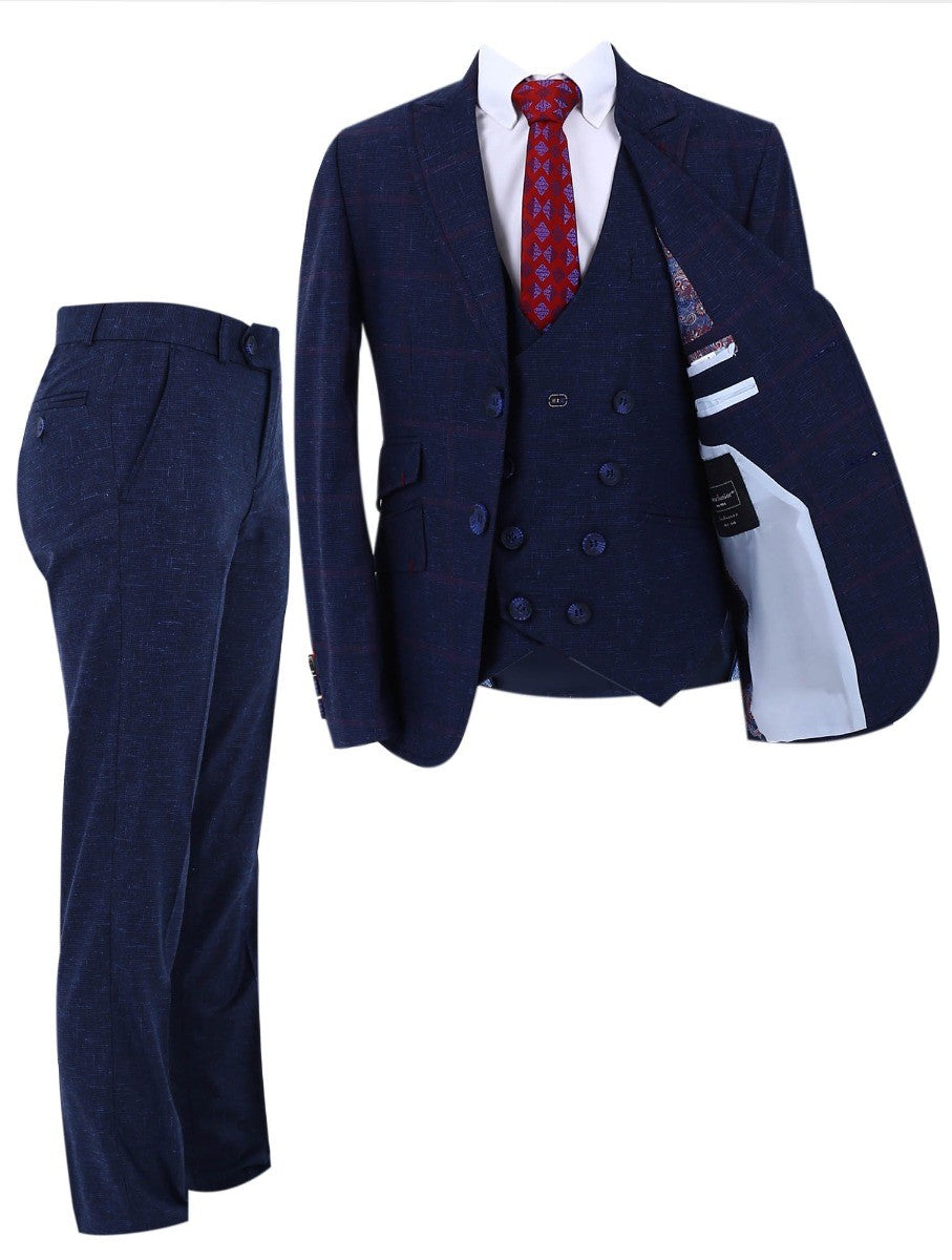 Boys' Retro Check Slim Fit Formal Suit - Dark Blue