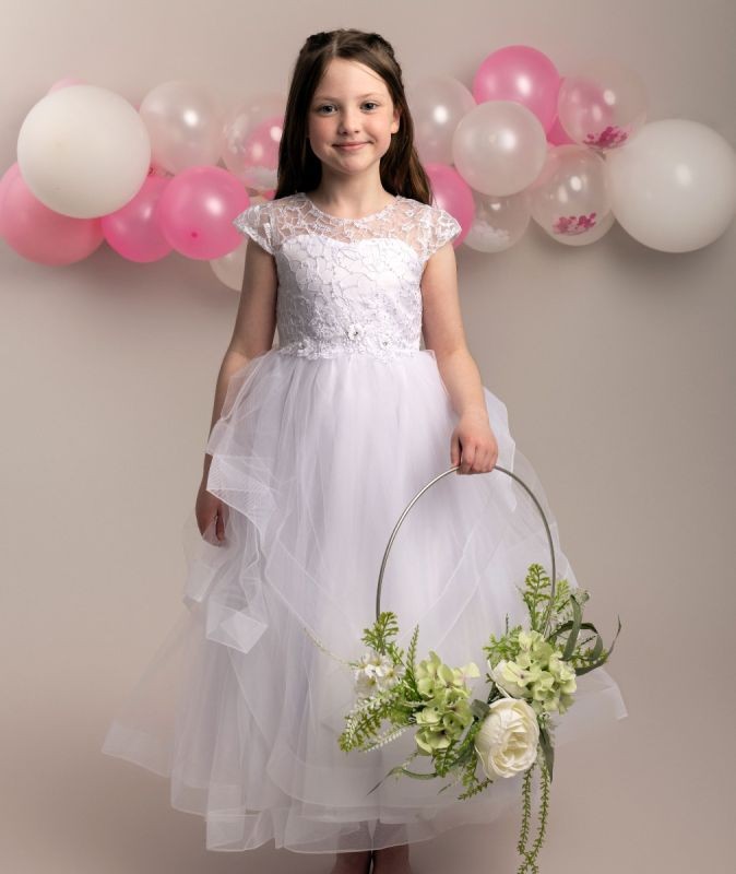 Robe en tulle superposée blanche avec dos corseté pour filles - TERRESA - Blanc