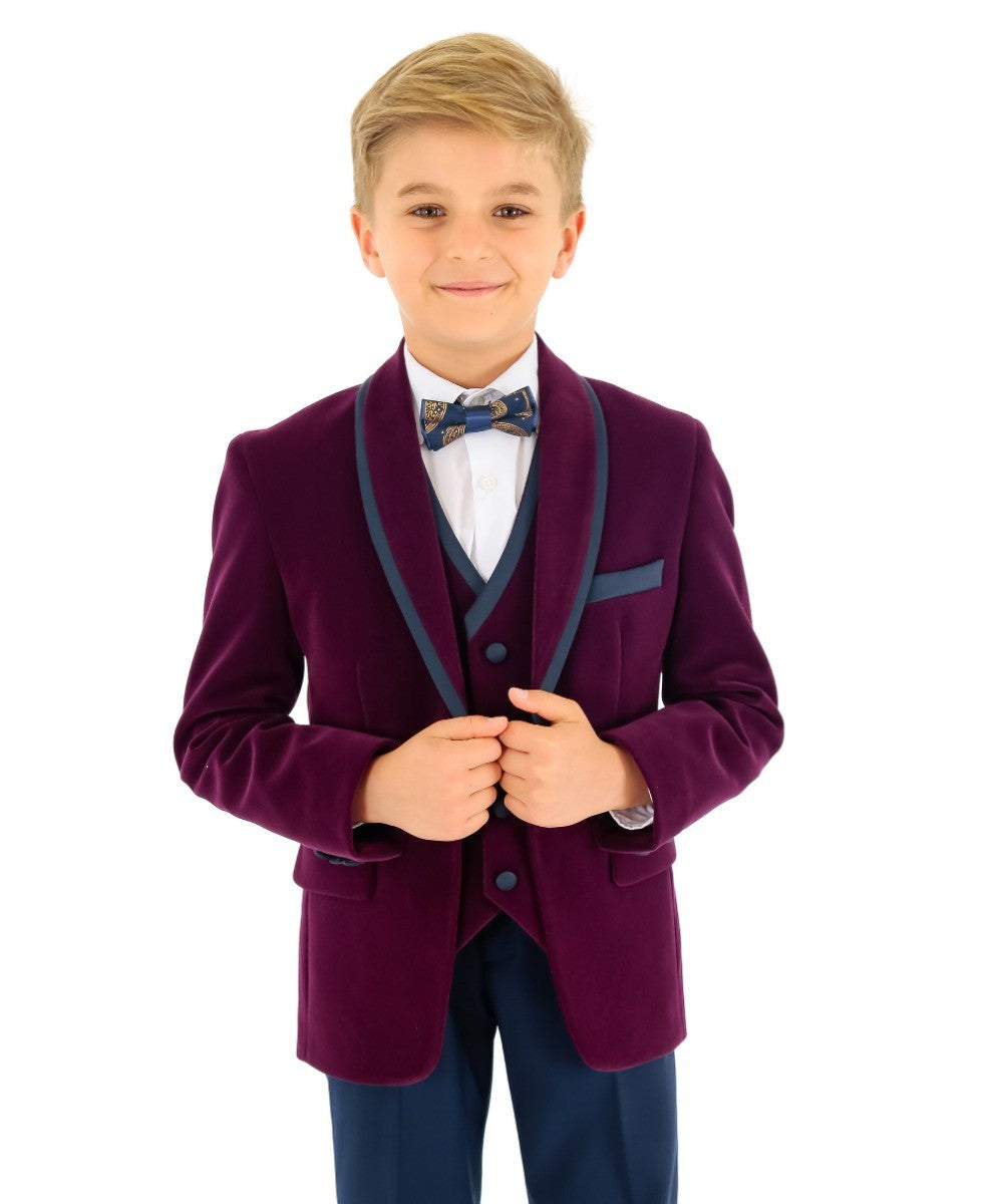 Costume de Smoking en Velours à Passepoil Slim Fit pour Garçons - LONDON - Violet