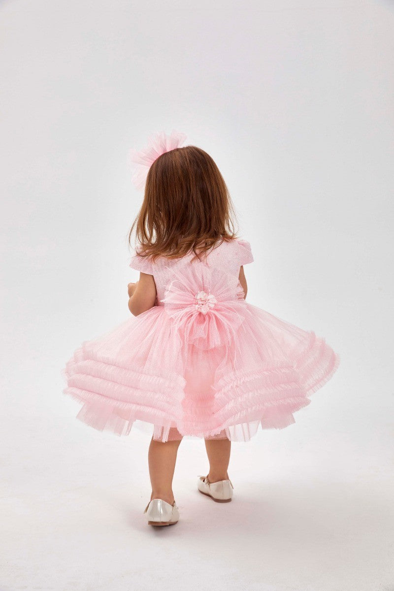 Ensemble Robe à Manches Courtes à Pois Roses pour Fillettes - Rose Clair