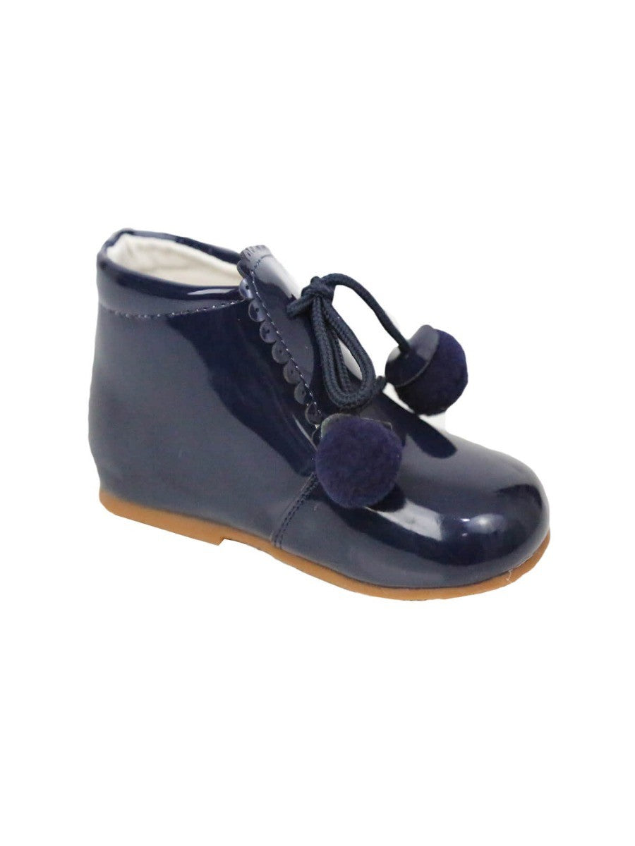 Baby Girls Pom Pom Patent Booties - Navy Blue
