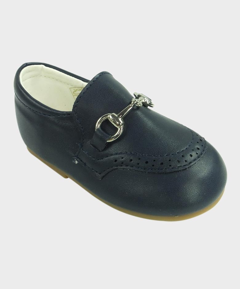 Jungen Leder Moccasin Loafers mit Silberner Pferdebitte - Navyblau