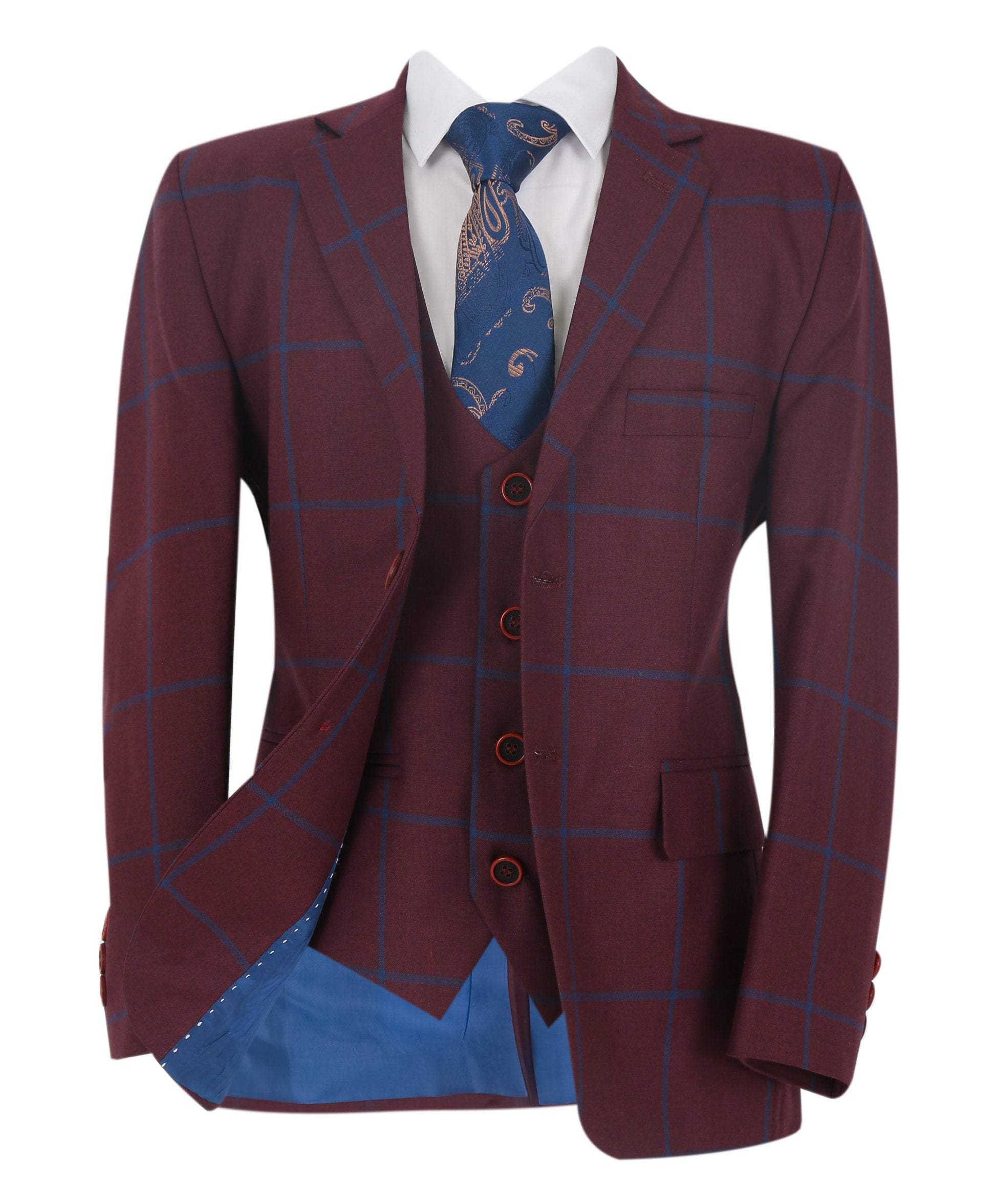 Costume à Carreaux Windowpane Tailored Fit pour Garçons - DOMINIC - Bordeaux - Bleu