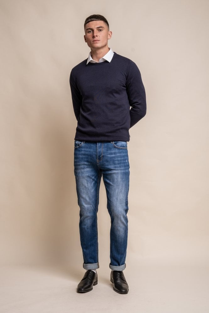 Herren Baumwoll Slim Fit Crewneck Pullover - Marineblau