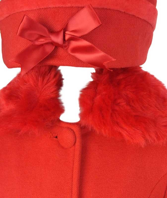 Ensemble Manteau avec Col en Fourrure Amovible et Chapeau pour Filles - Rouge