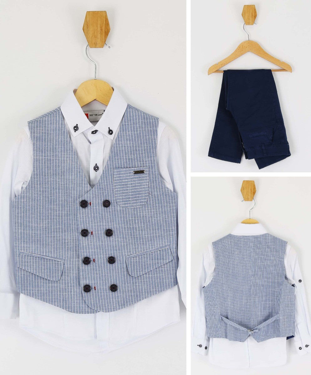 Jungen Baumwoll Leinen Nadelstreifen Westenanzug-Set - Marineblau