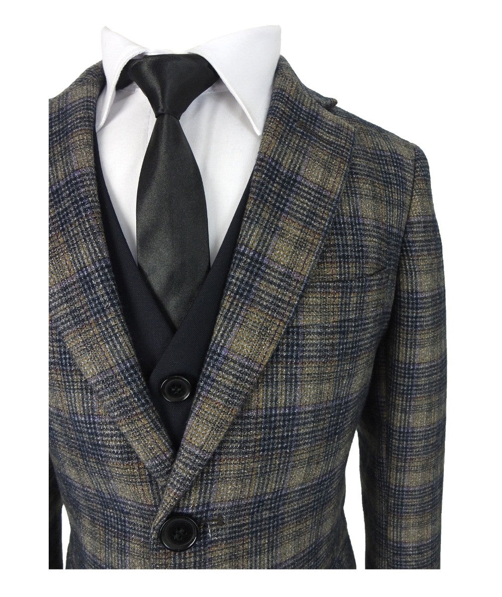 بدلة أولاد بقصة نحيفة بتأثير منسوج ومربعات - أزرق كحلي