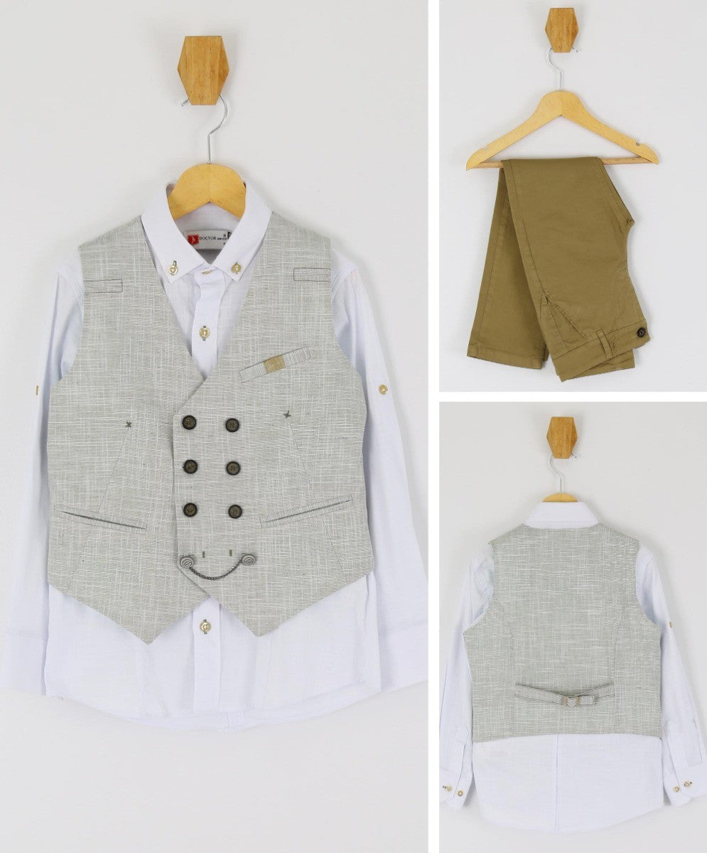 Jungen Selbstgemustertes Doppelreihiges Leinen-Waistcoat Anzug-Set - Hellkhaki