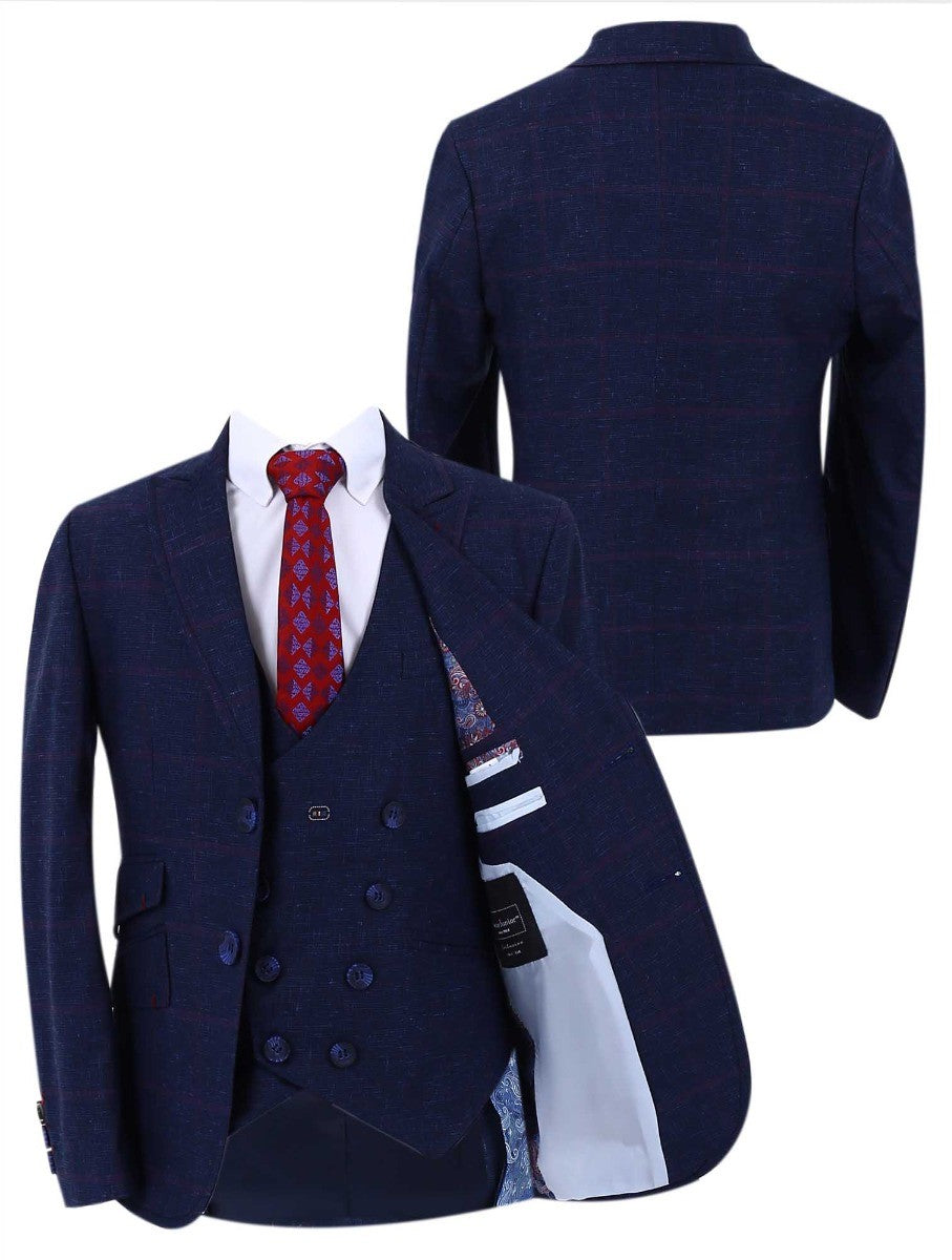 Boys' Retro Check Slim Fit Formal Suit - Dark Blue