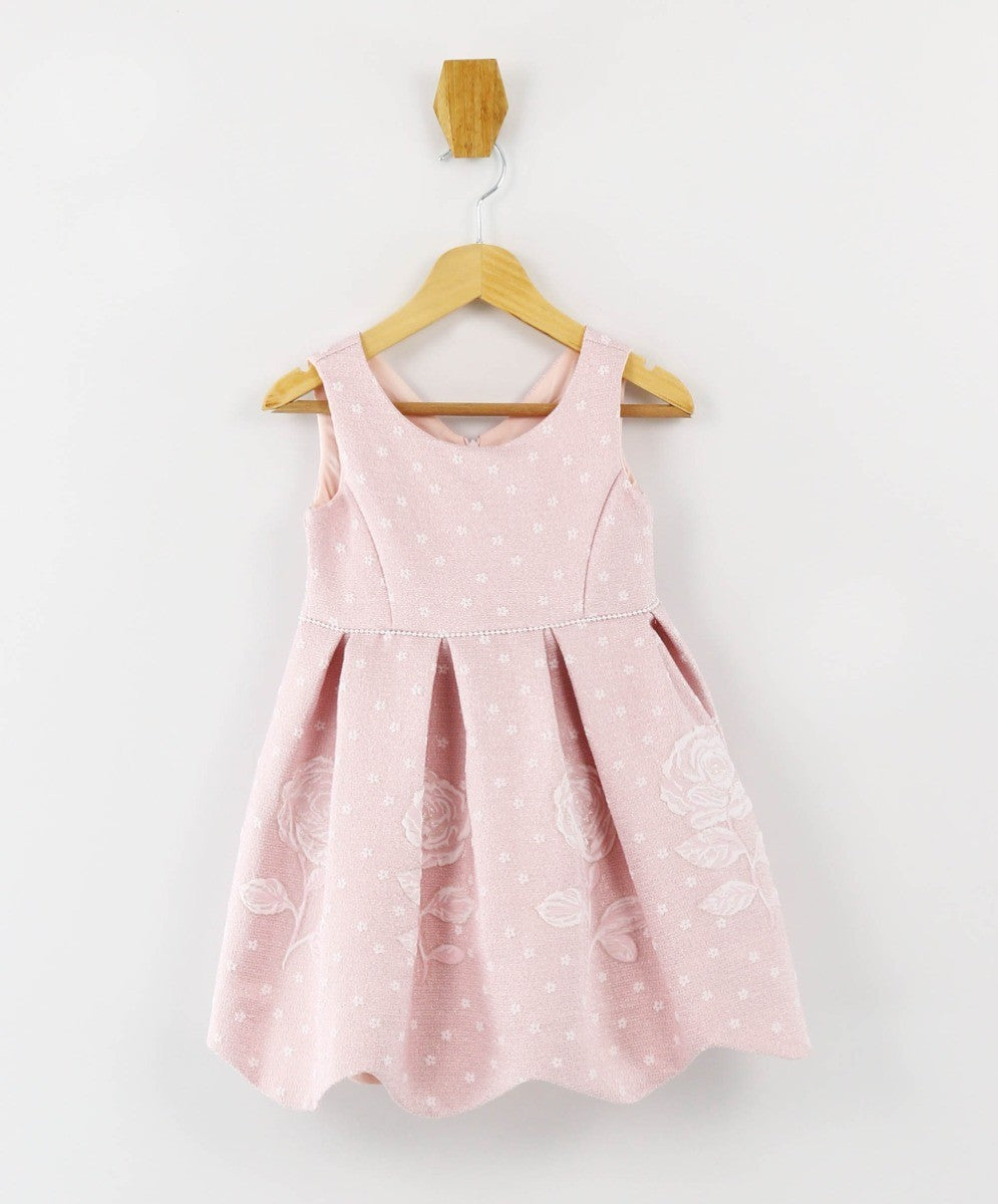 Mädchen Ärmelloses Blumenbesticktes Kleid-Set - Babyrosa