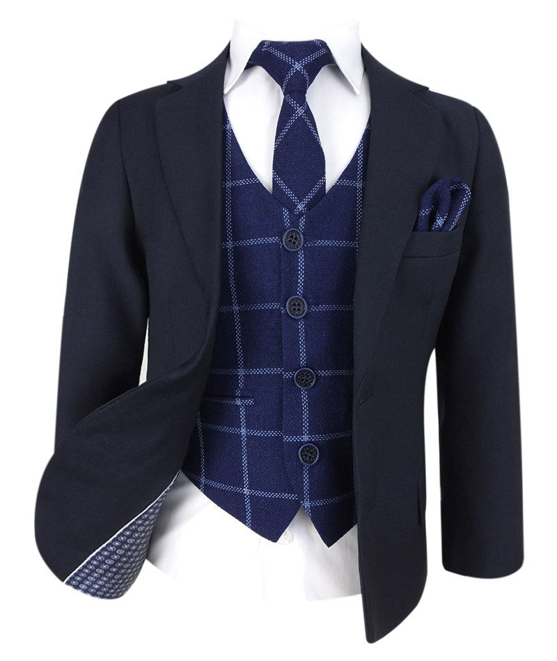 Ensemble Costume avec Gilet en Tweed à Carreaux Bleu Marine pour Garçons - Bleu Marine