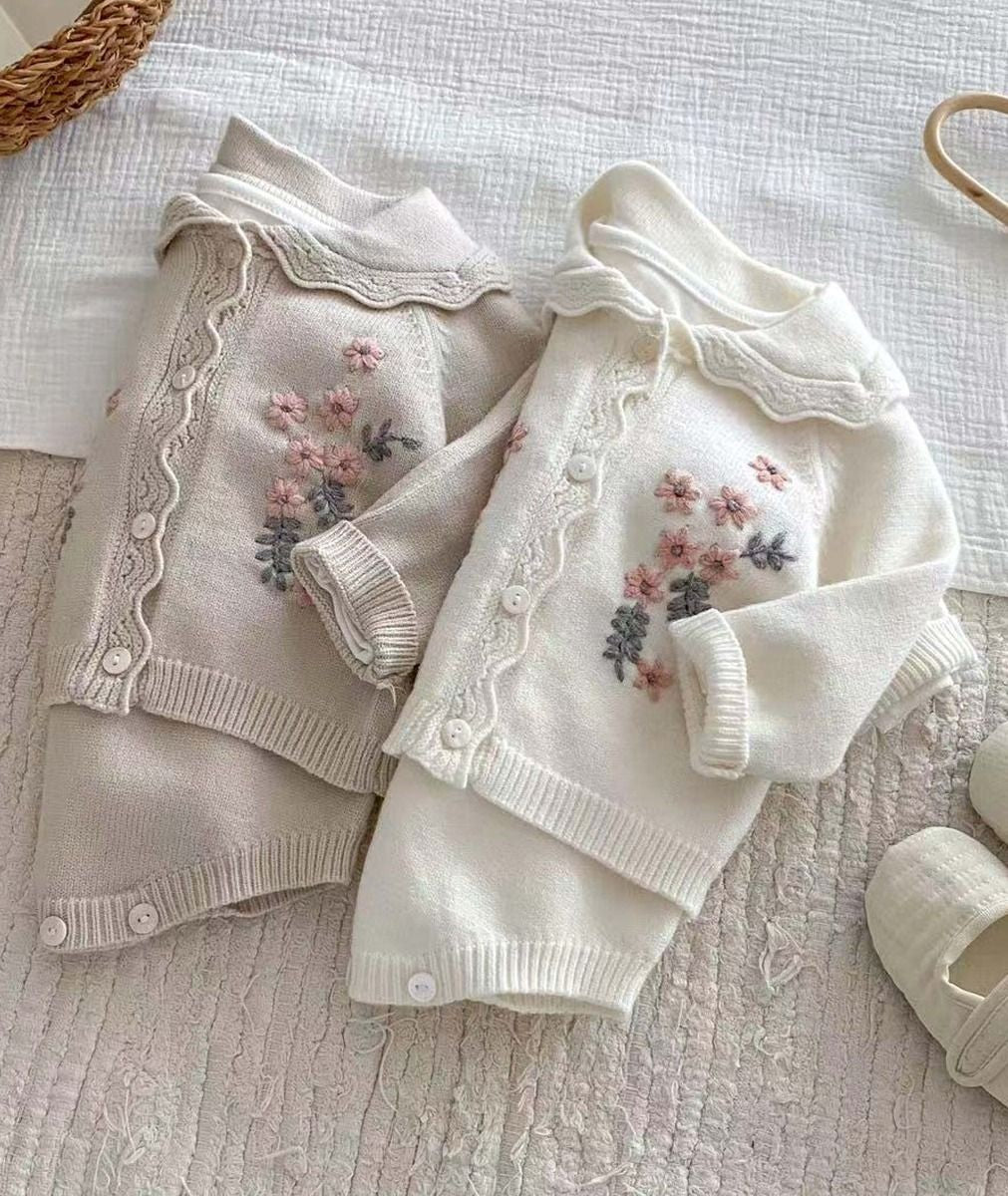 Ensemble de combinaison en tricot avec bretelles et cardigan brodé pour bébés filles - 2421 - Ivoire