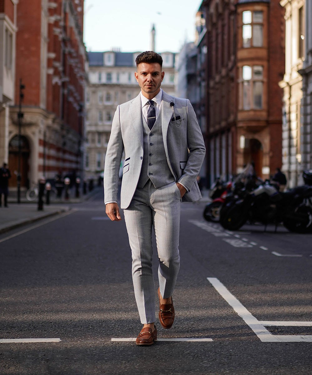 Men's 3-Piece Tweed Glen Check Suit - CARIDI - Sky Blue