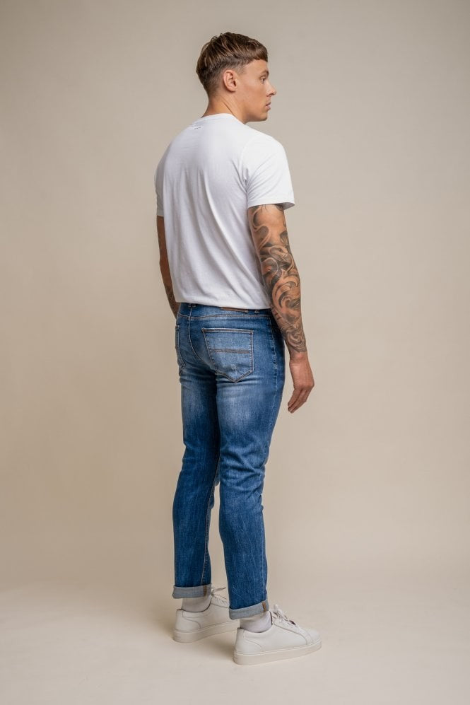 Jean en denim stretch ajusté pour hommes - BLAZE - Bleu Moyen