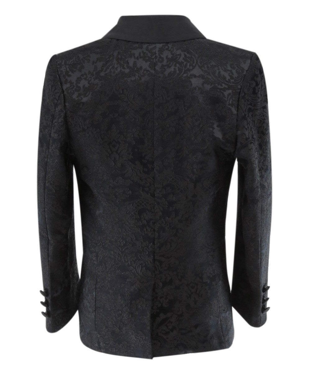 بدلة توكسيدو للأولاد من الساتان بياقة مزخرفة بنقشة الزهور - أسود