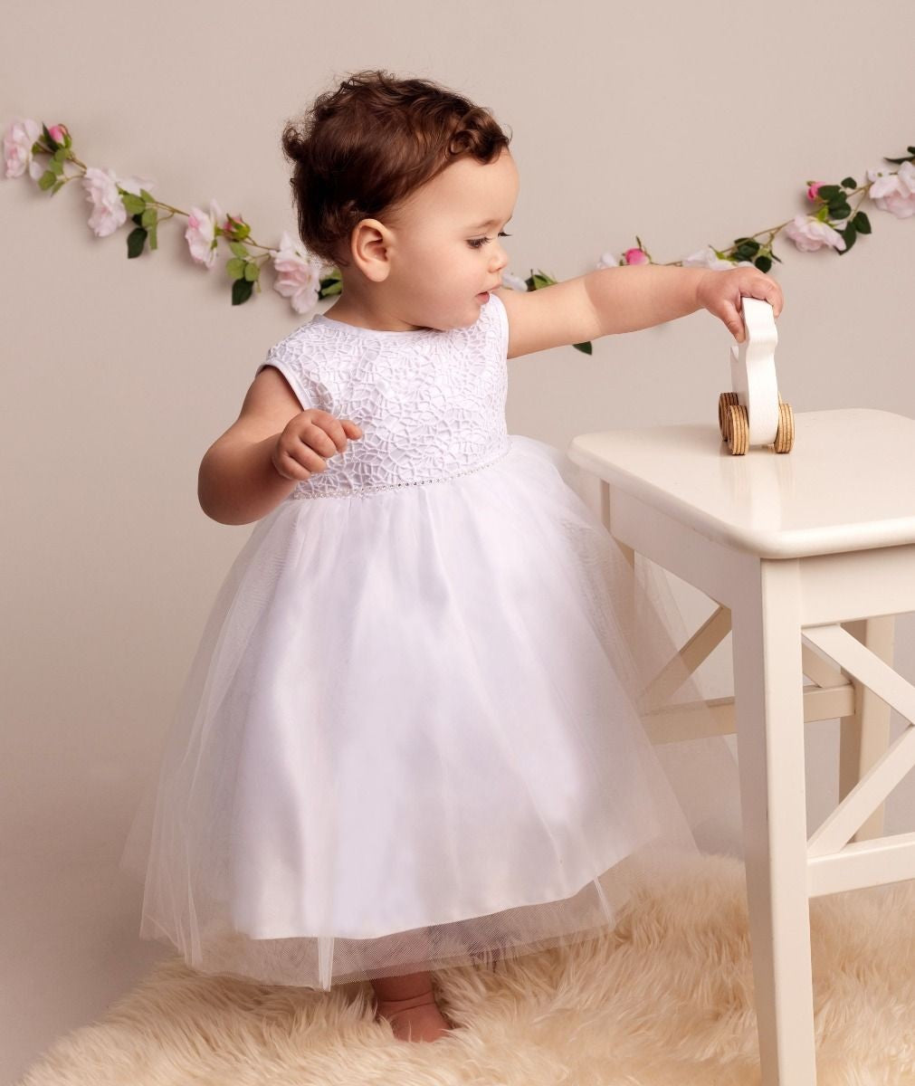Baby Mädchen Taufkleid mit Spitze & Schleife - ROSE - Weiß