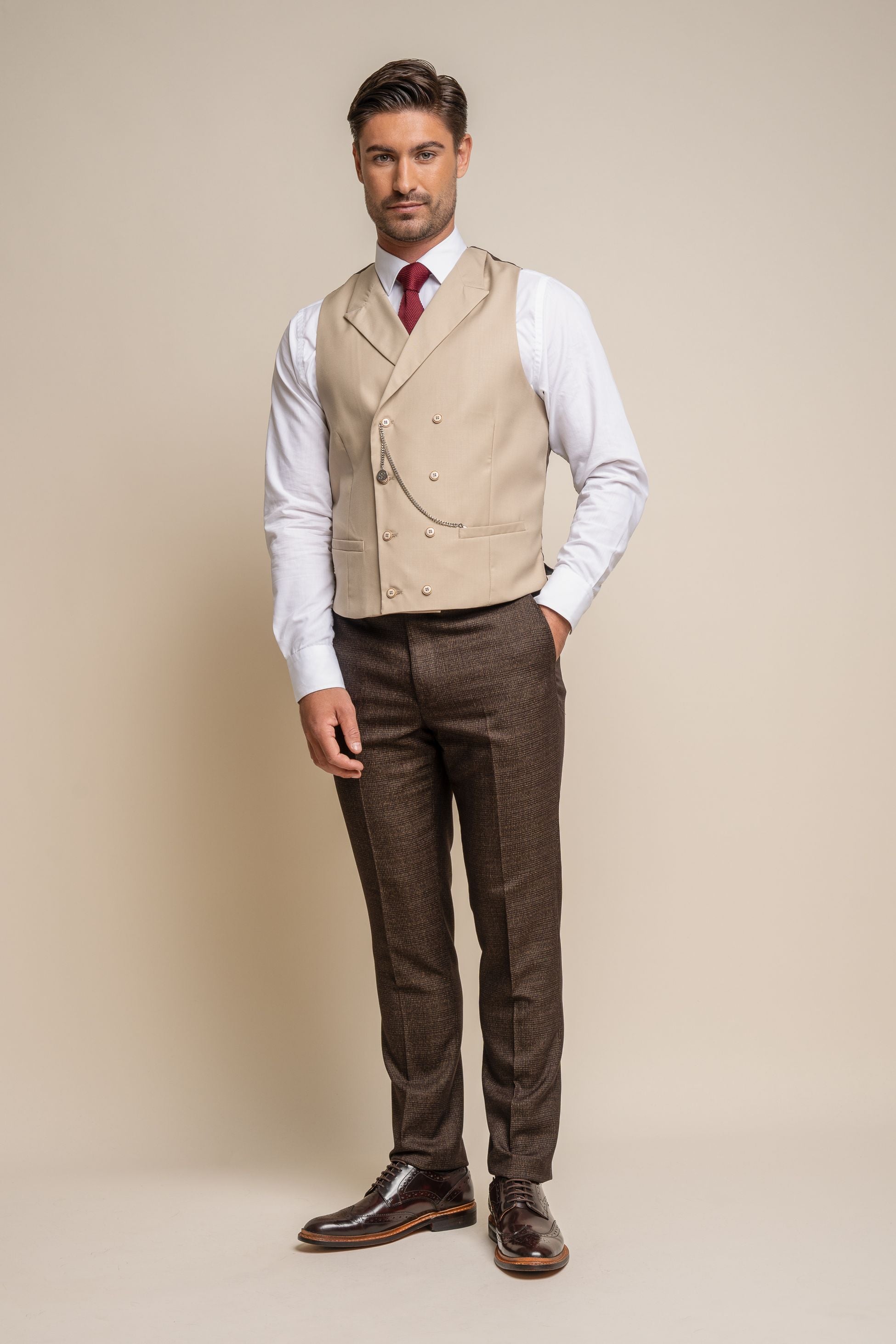 Herren Slim Fit Zweireiher Weste - LENNOX - Beige