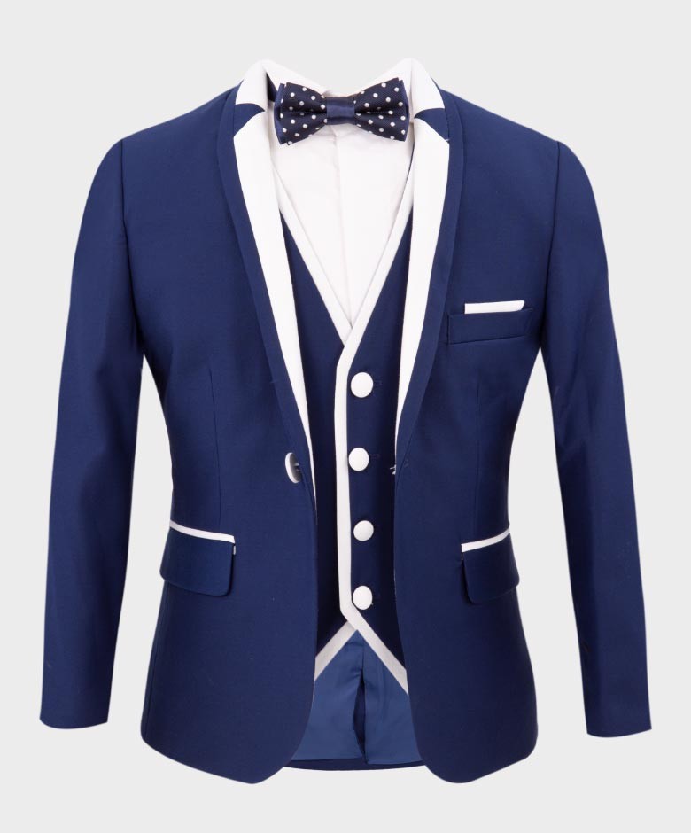 Costume de Smoking Exclusif à Passepoil pour Garçons - Bleu Foncé - Blanc