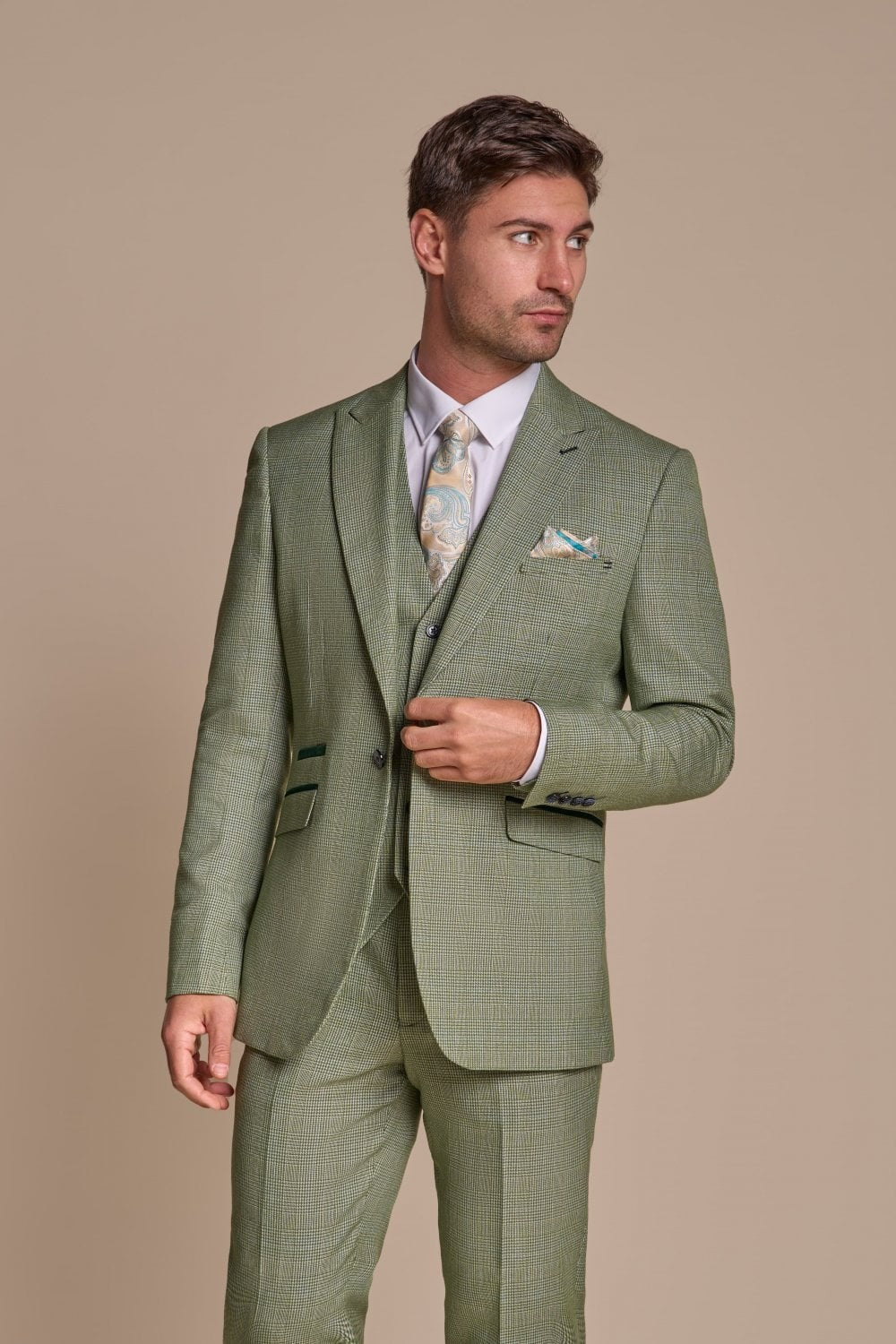 Men's 3-Piece Tweed Glen Check Suit - CARIDI - Sage Green