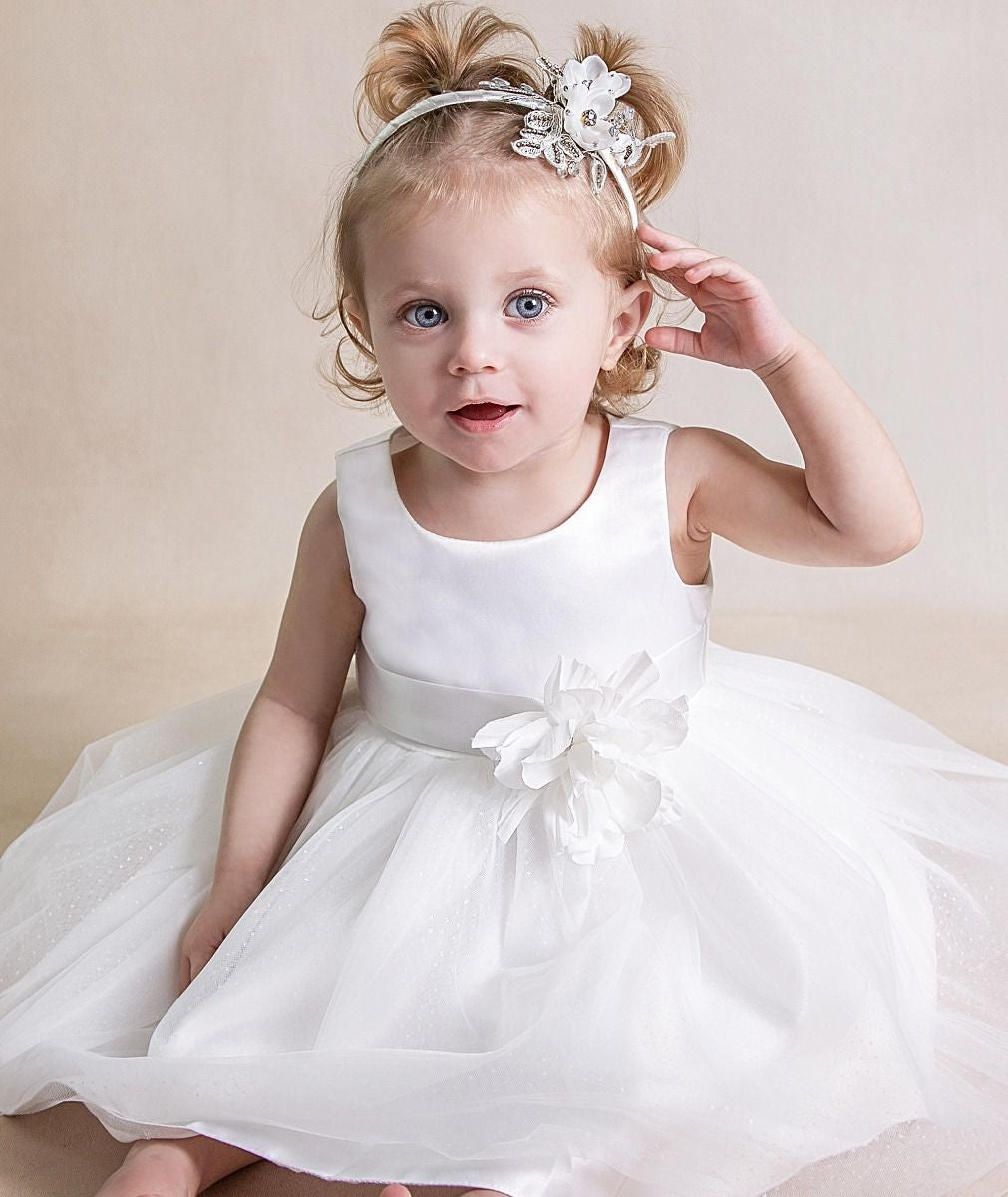 Flower Appliqué Dress for Babies and Girls - YOLANDA - Ivory