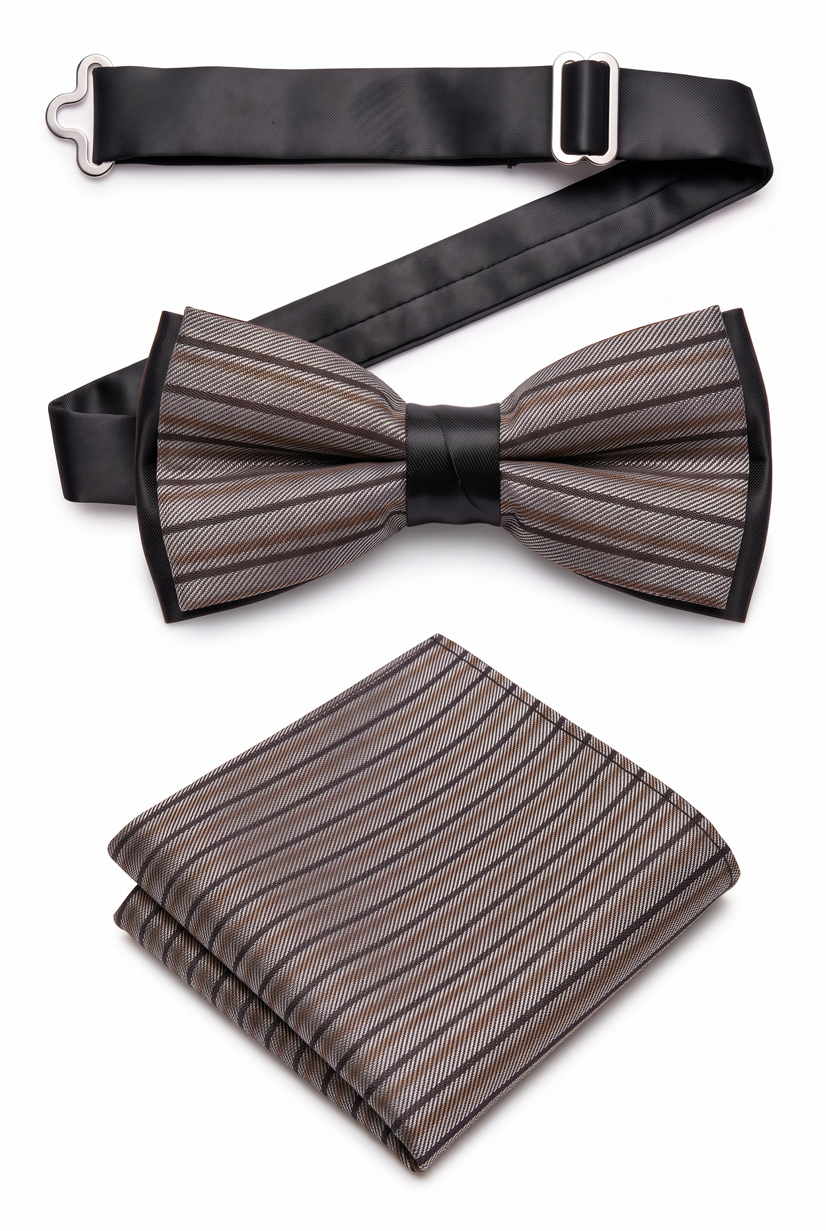 Conjunto de pajarita y pañuelo de bolsillo a rayas para niño - BWST - Gris y Negro