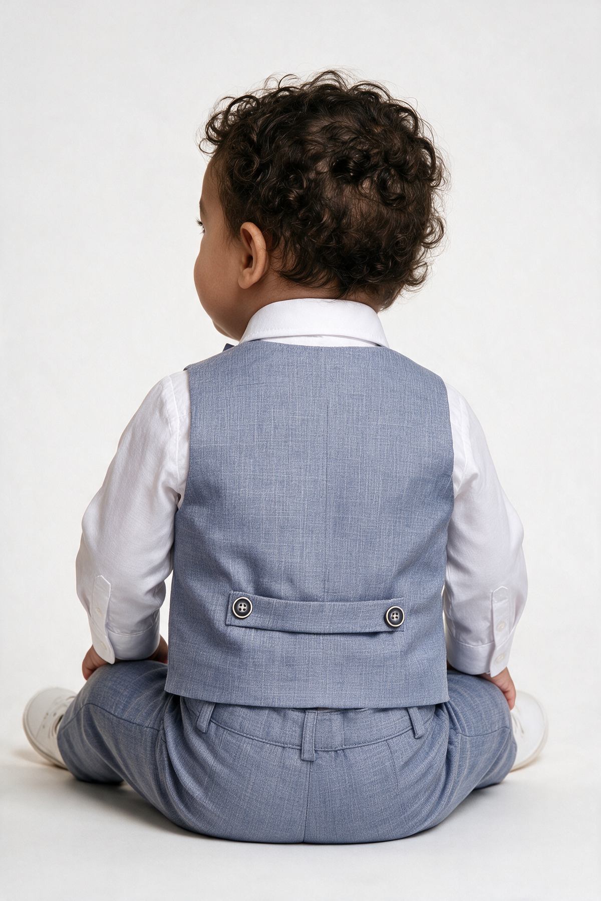 Baby- und Jungen-Anzug-Set mit 4 Teilen aus Baumwoll-Leinen, Weste – Graublau