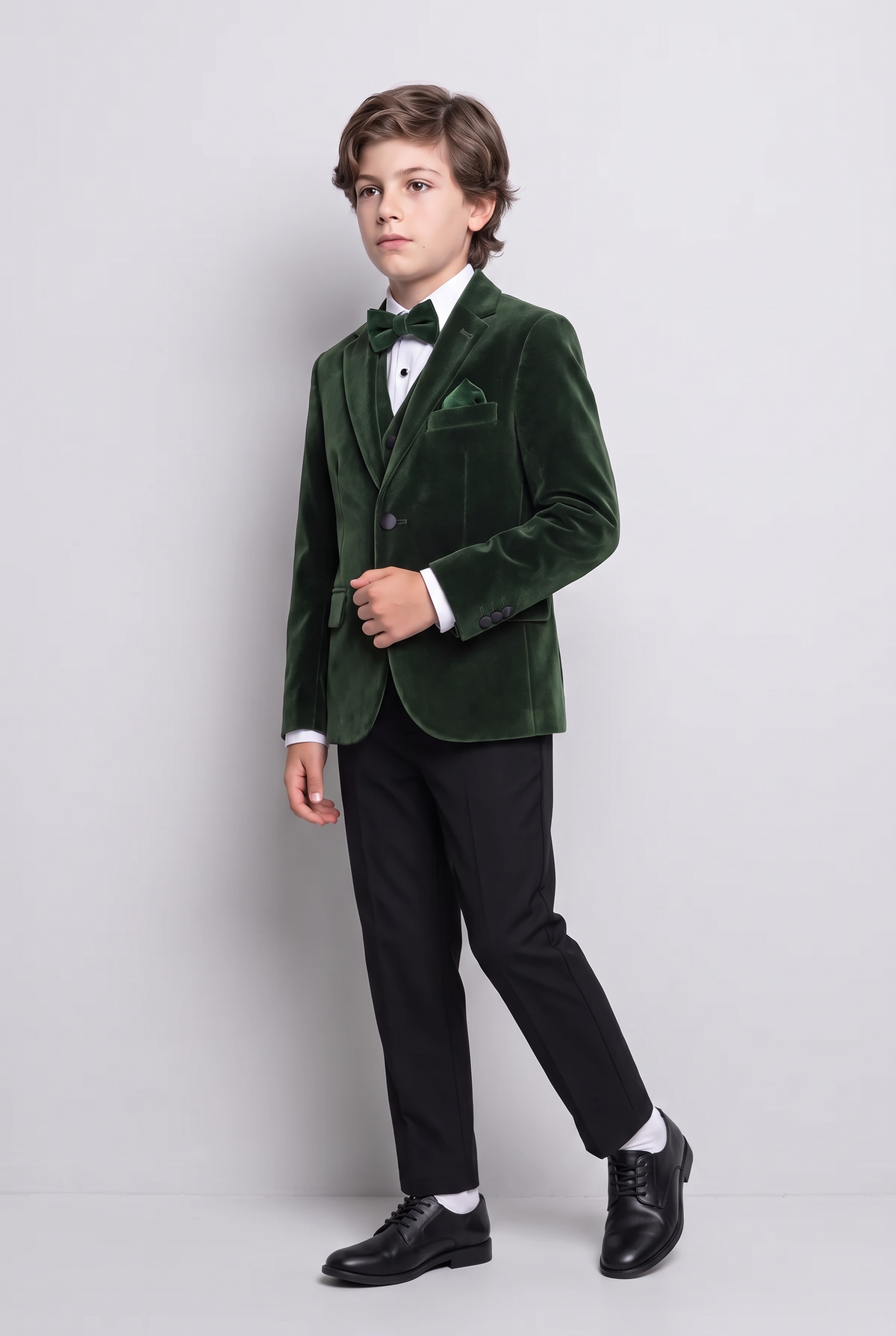 Erkek Çocuk Slim Fit Kadife Smokin Takımı - 4 Parça ve 5 Parça - SAVOY - Yeşil