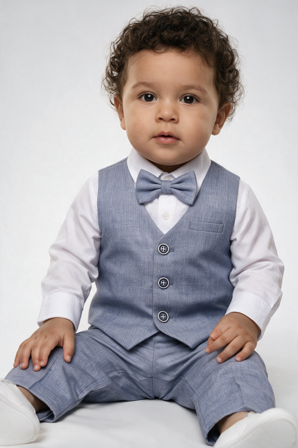 Baby- und Jungen-Anzug-Set mit 4 Teilen aus Baumwoll-Leinen, Weste – Graublau