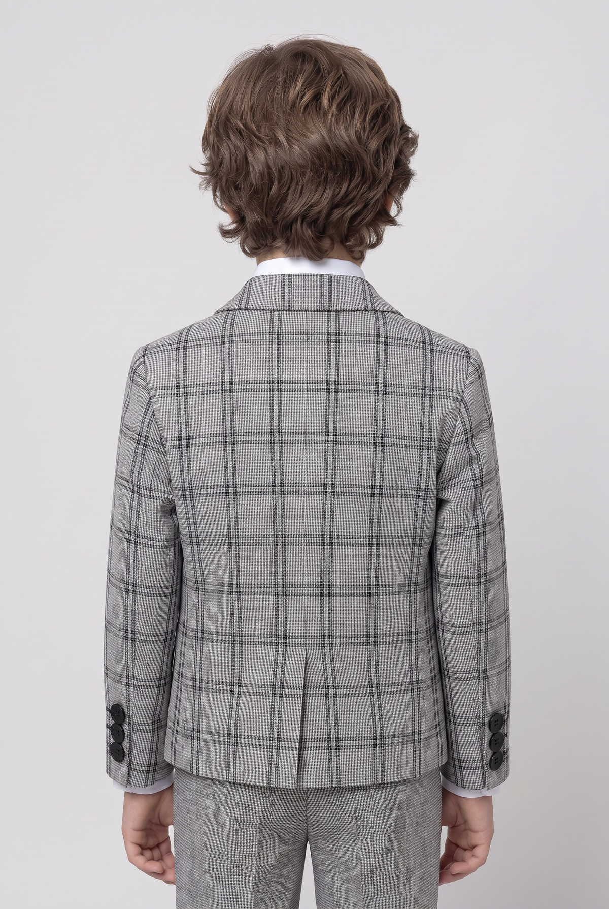 Boys 5-Piece Slim Fit Windowpane Check Suit - Ekose - ASH GREY & BLACK Model Back Picture