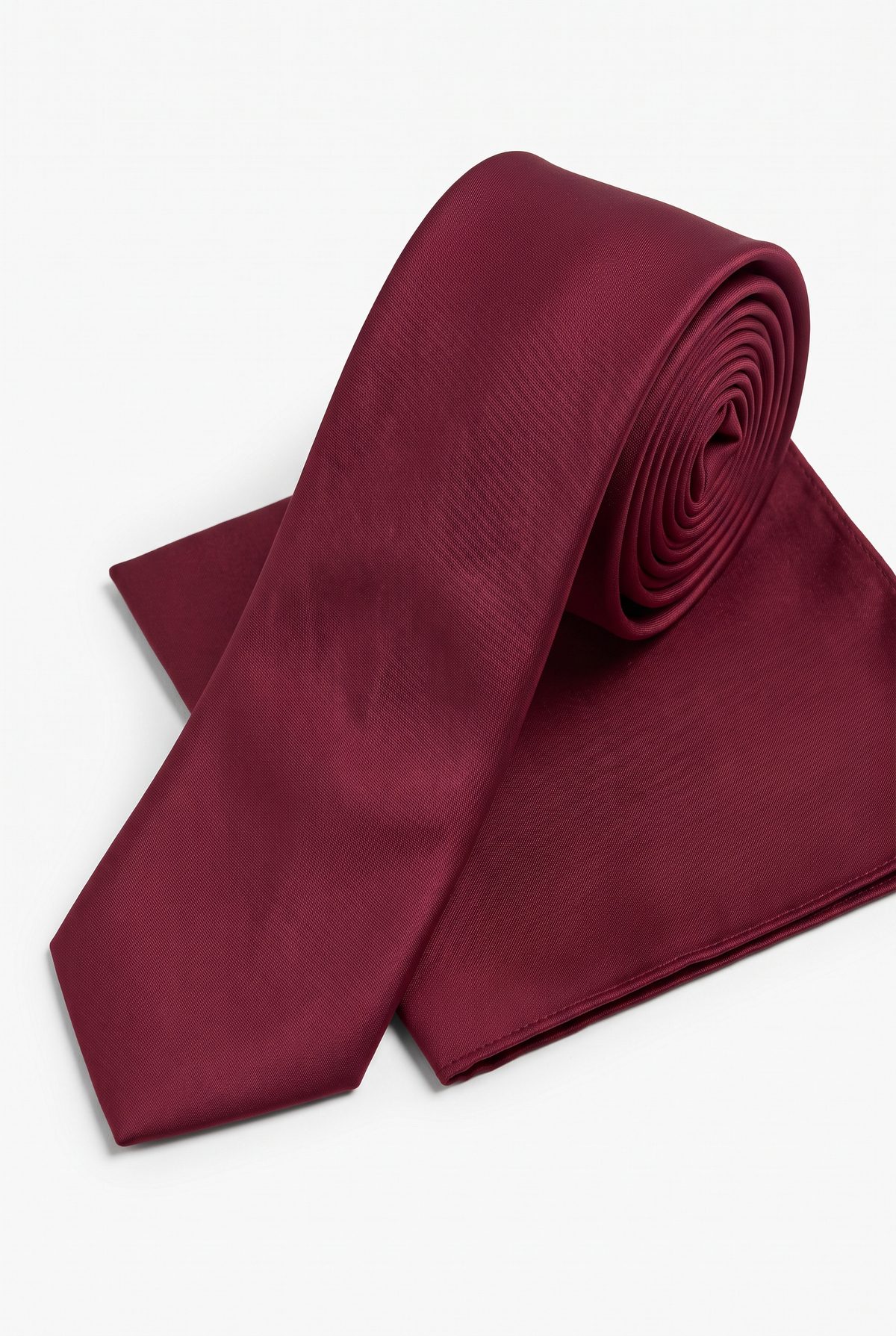 Burgundy satin tie and matching pocket square set, rolled view