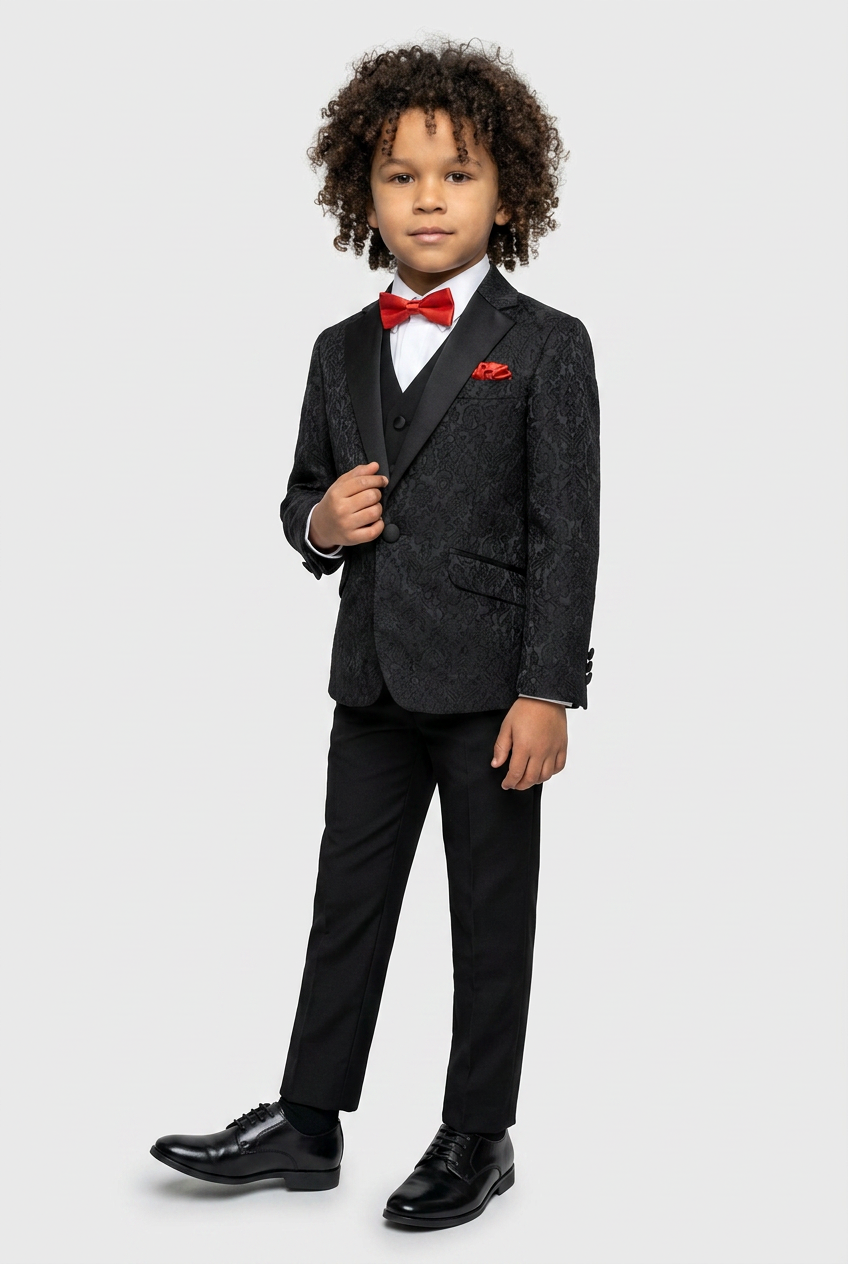 Jungen Jacquard Satin Schwarzer Anzug - Schwarz