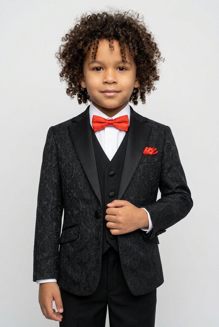Jungen Jacquard Satin Schwarzer Anzug - Schwarz