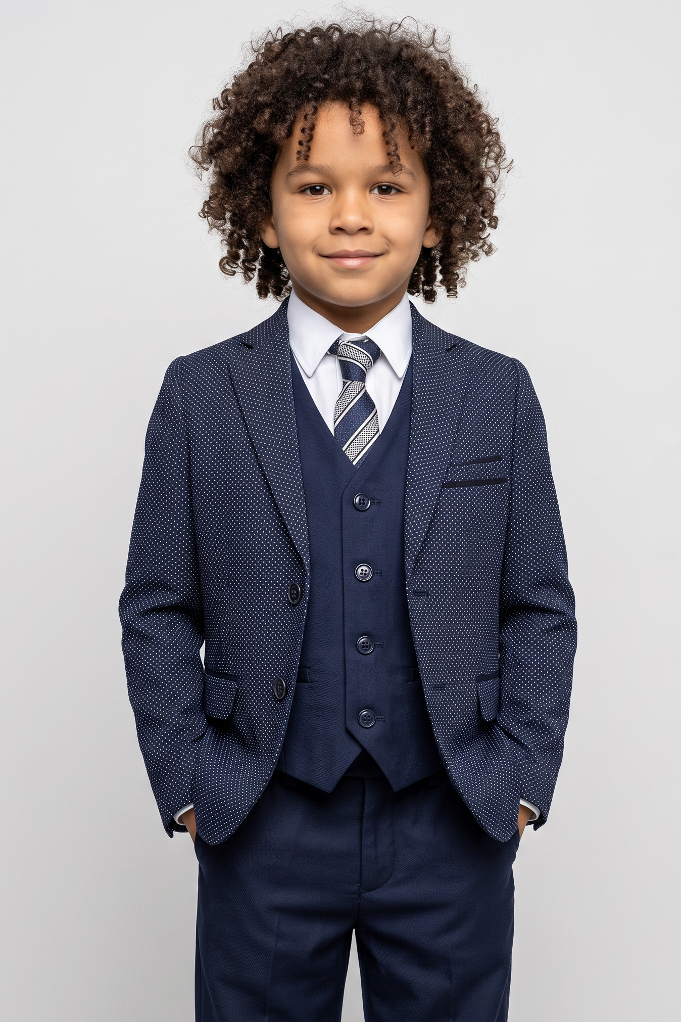 Boys Italian Slim Fit Polka Dot Navy Suit - Navy Blue