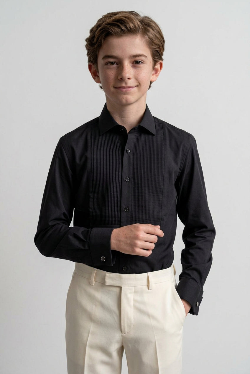 Camisa de algodón para niños con cuello de ala y puños plisados con gemelos - Negro