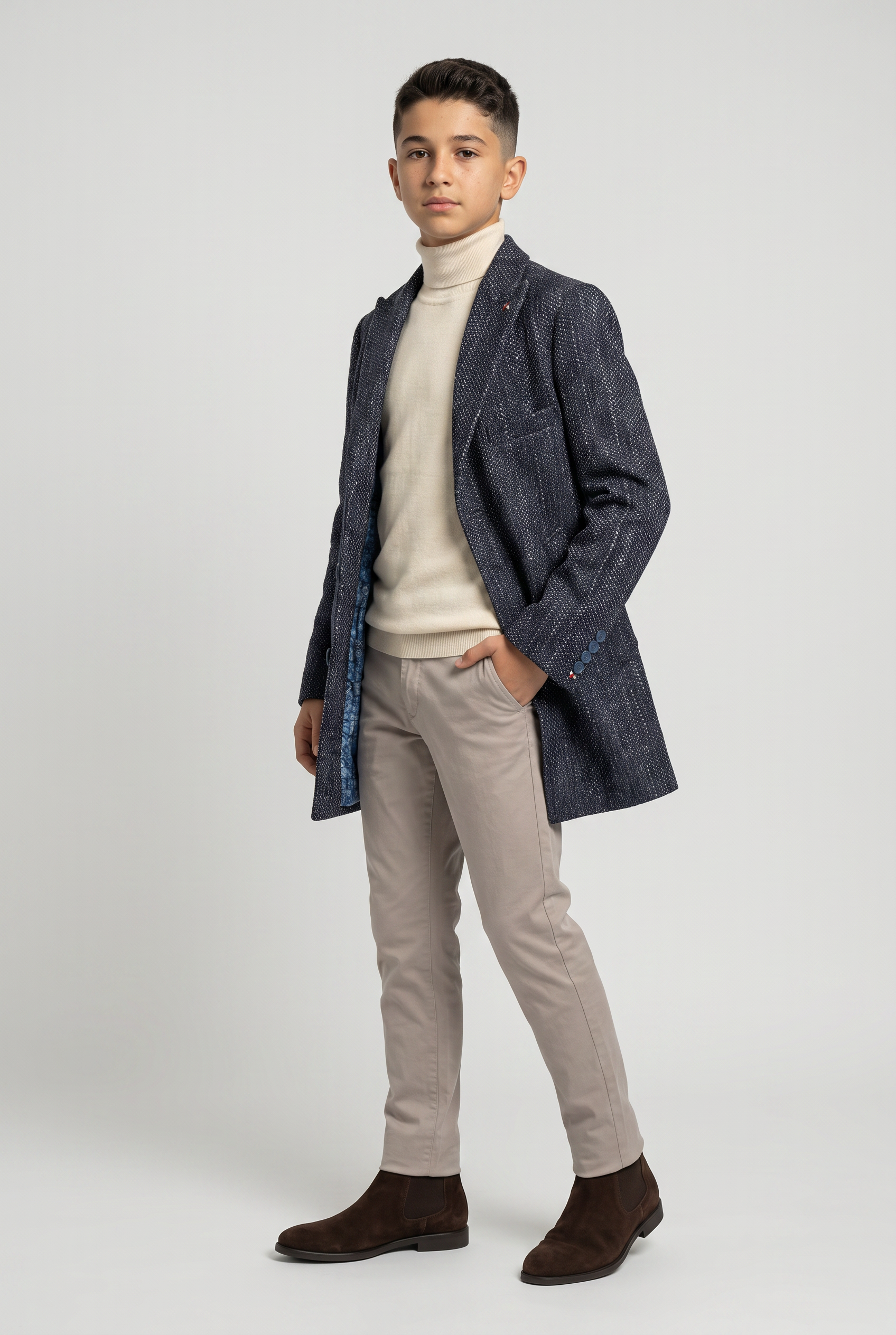 Boys Navy Grey Textured Tweed Blazer