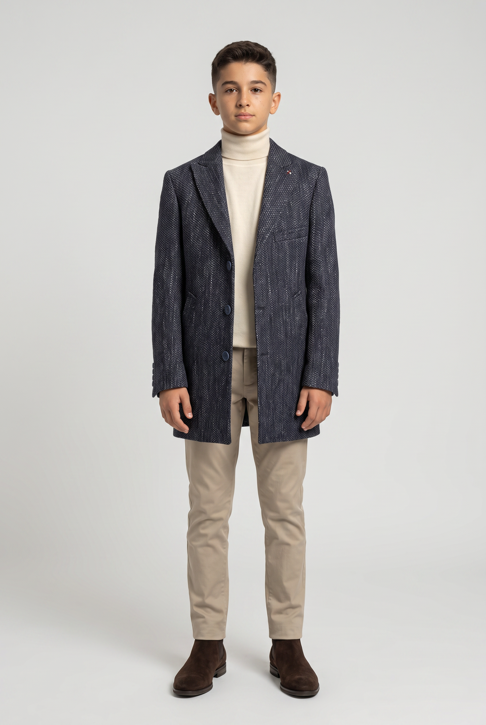 Jungen Marineblauer Grau Strukturierter Tweed-Blazer