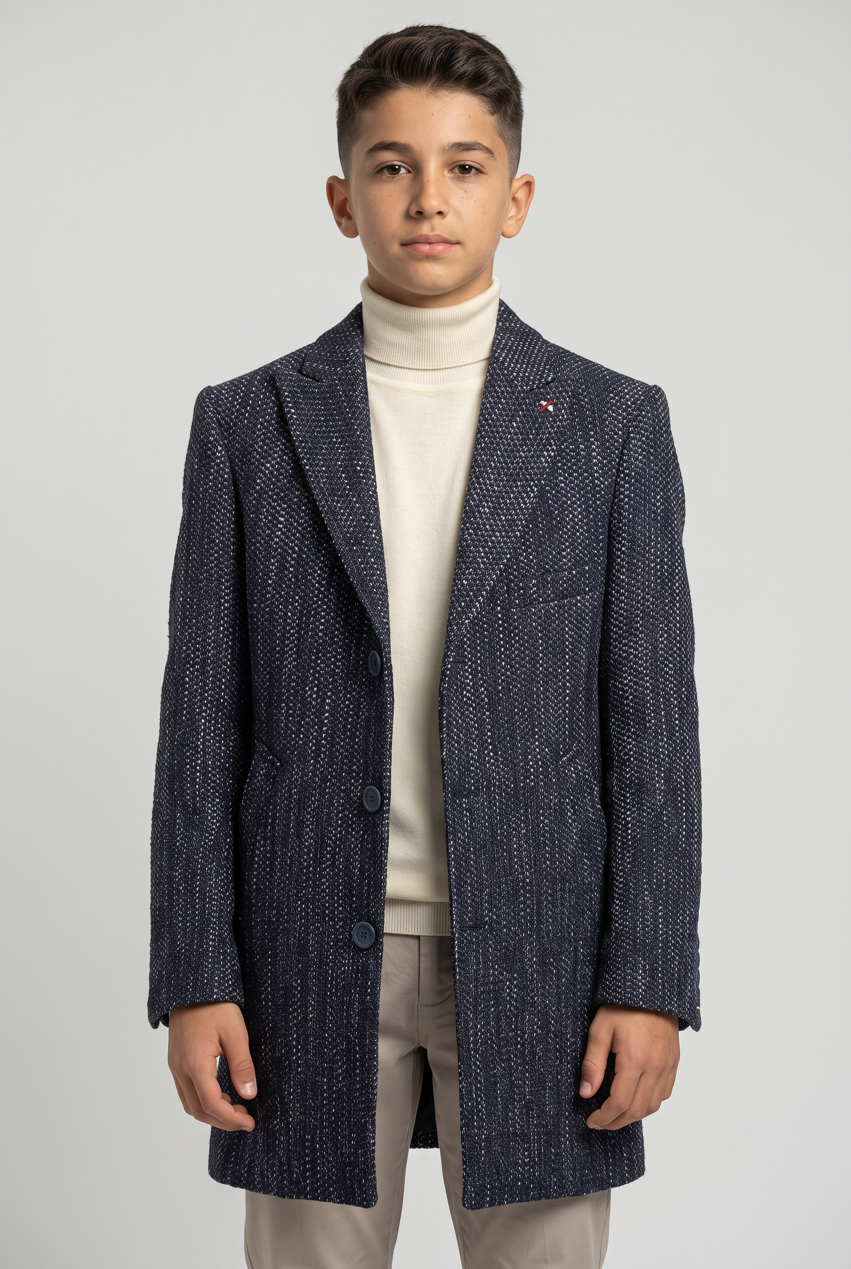 Jungen Marineblauer Grau Strukturierter Tweed-Blazer