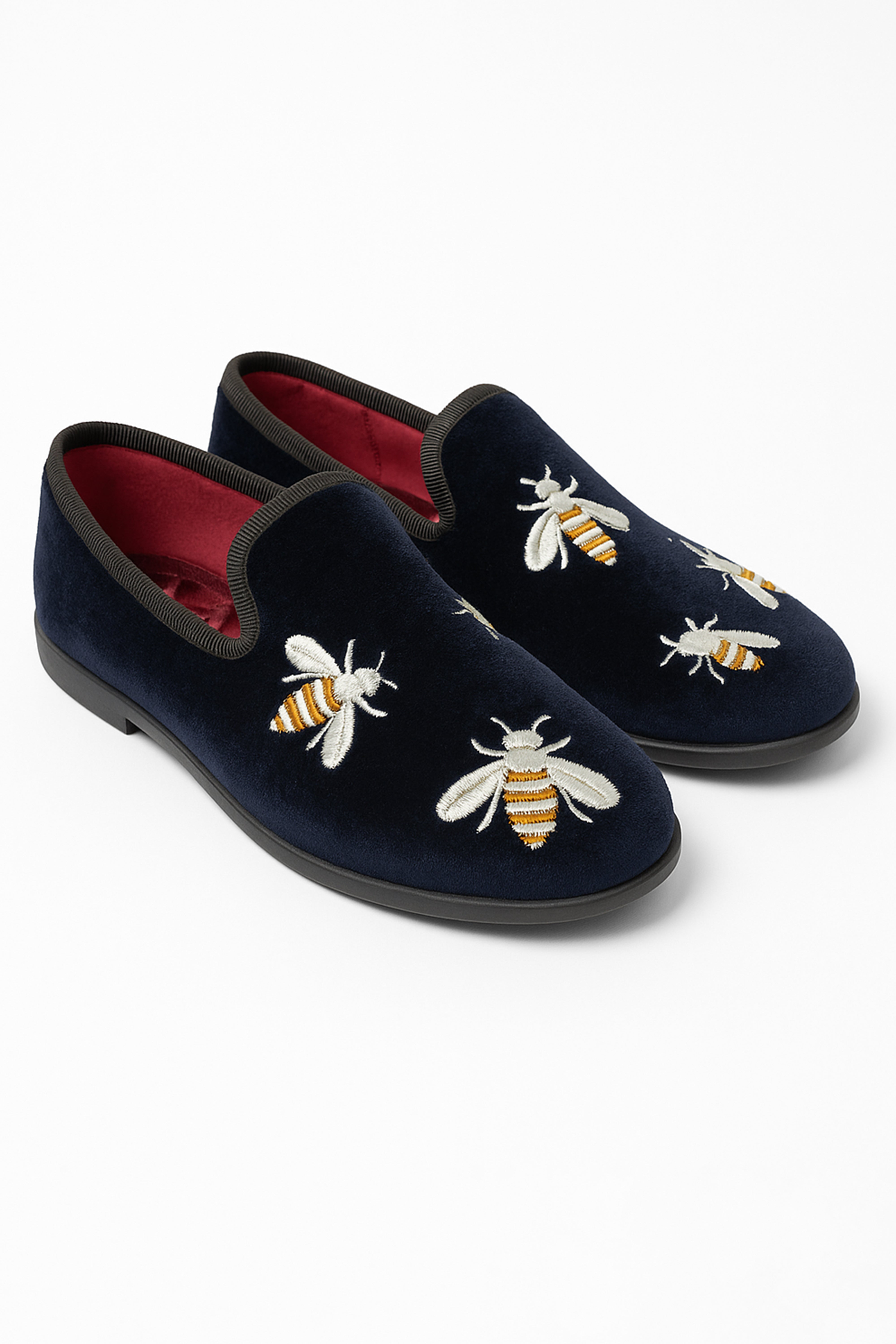 Mocassini senza lacci in velluto con ricamo ape per ragazzi - Blu navy