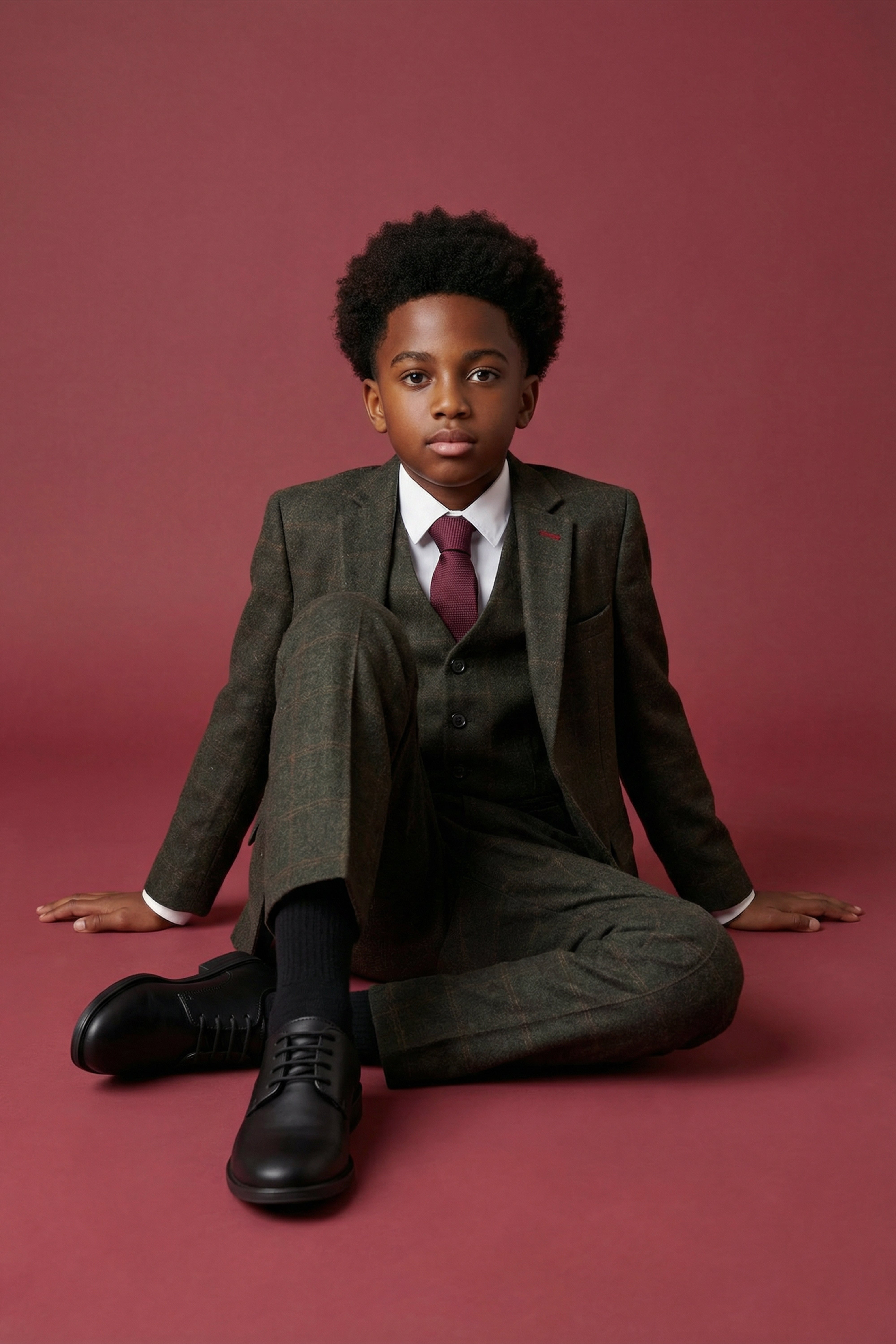 Baba ve Oğul Uyumlu Kareli Yün Tweed 3 Parça Takım Elbise Takımı - Joshua - Koyu Yeşil