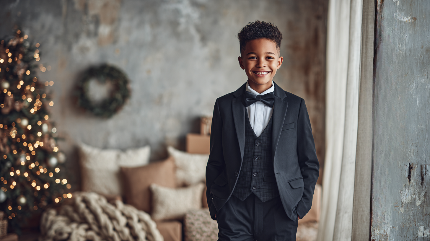 A stylish boy wearing a formal dinner suit to a christmas celebration