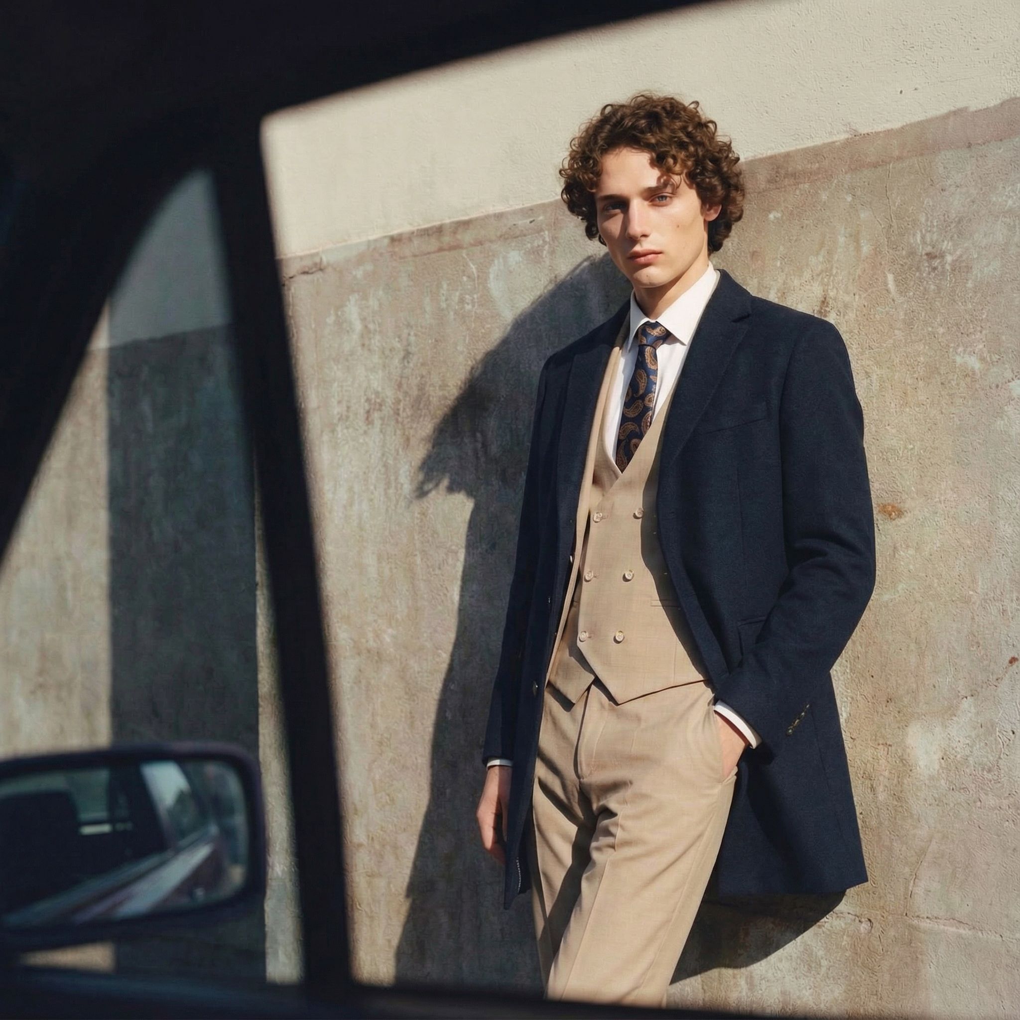 A man attending a winter wedding as a guest wearing a 3-piece beige suit with navy overcoat.