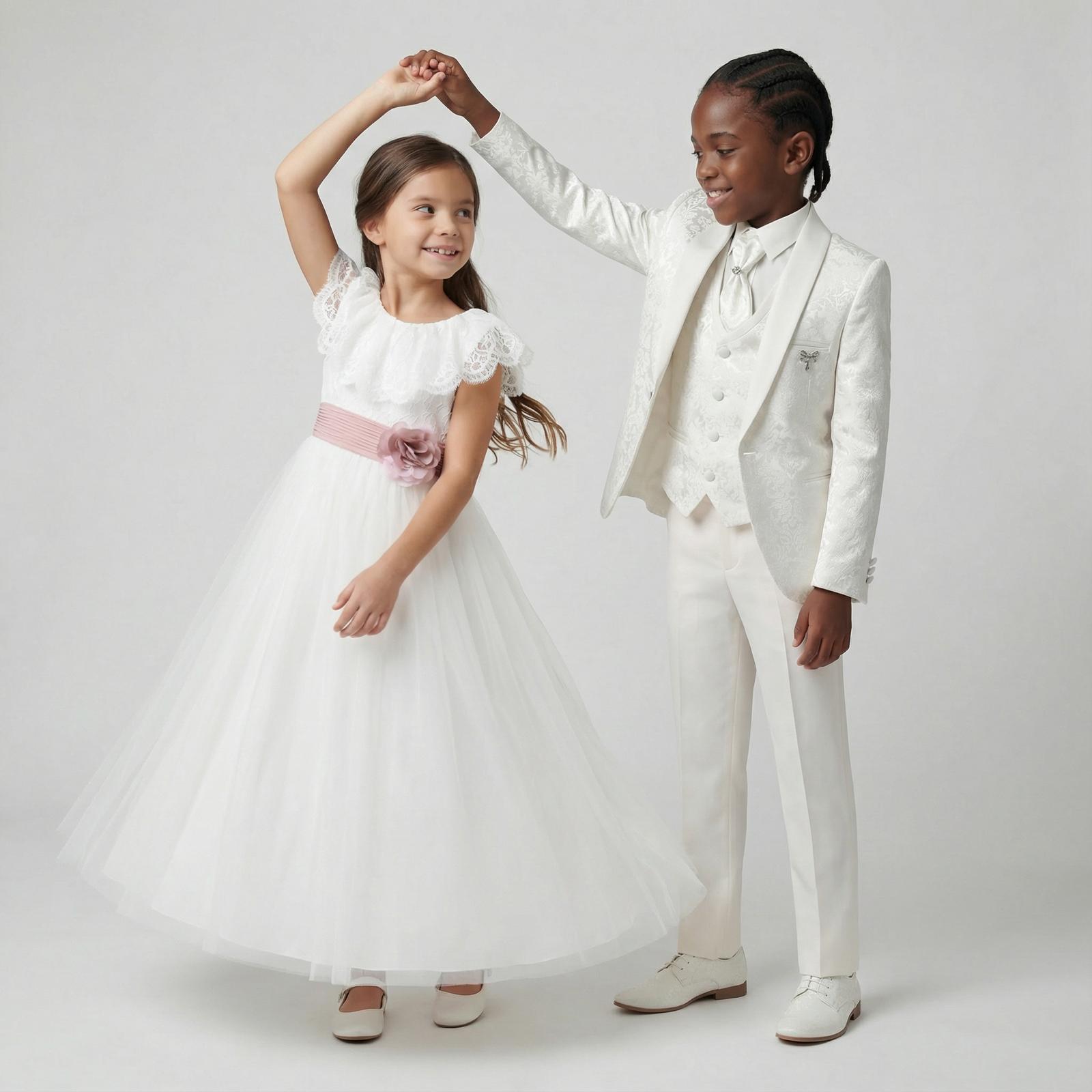 A girl and boy wearing white communion outfits - suitable for confirmation too.