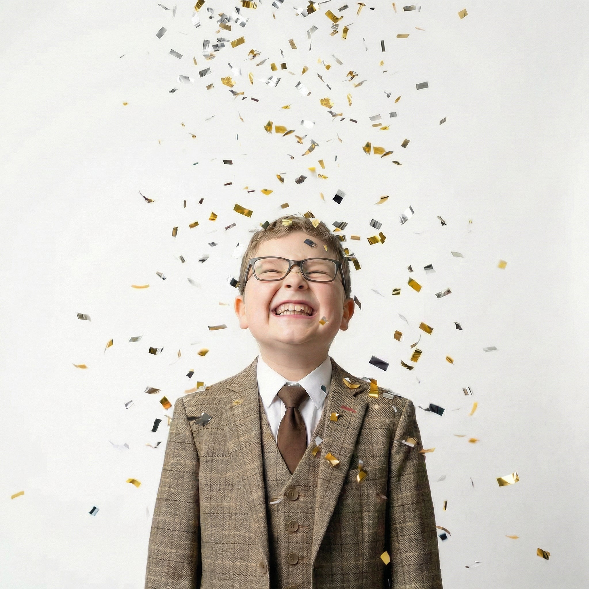 A joyful broad-build boy in a windowpane check husky fit suit with confetti flying over him. 