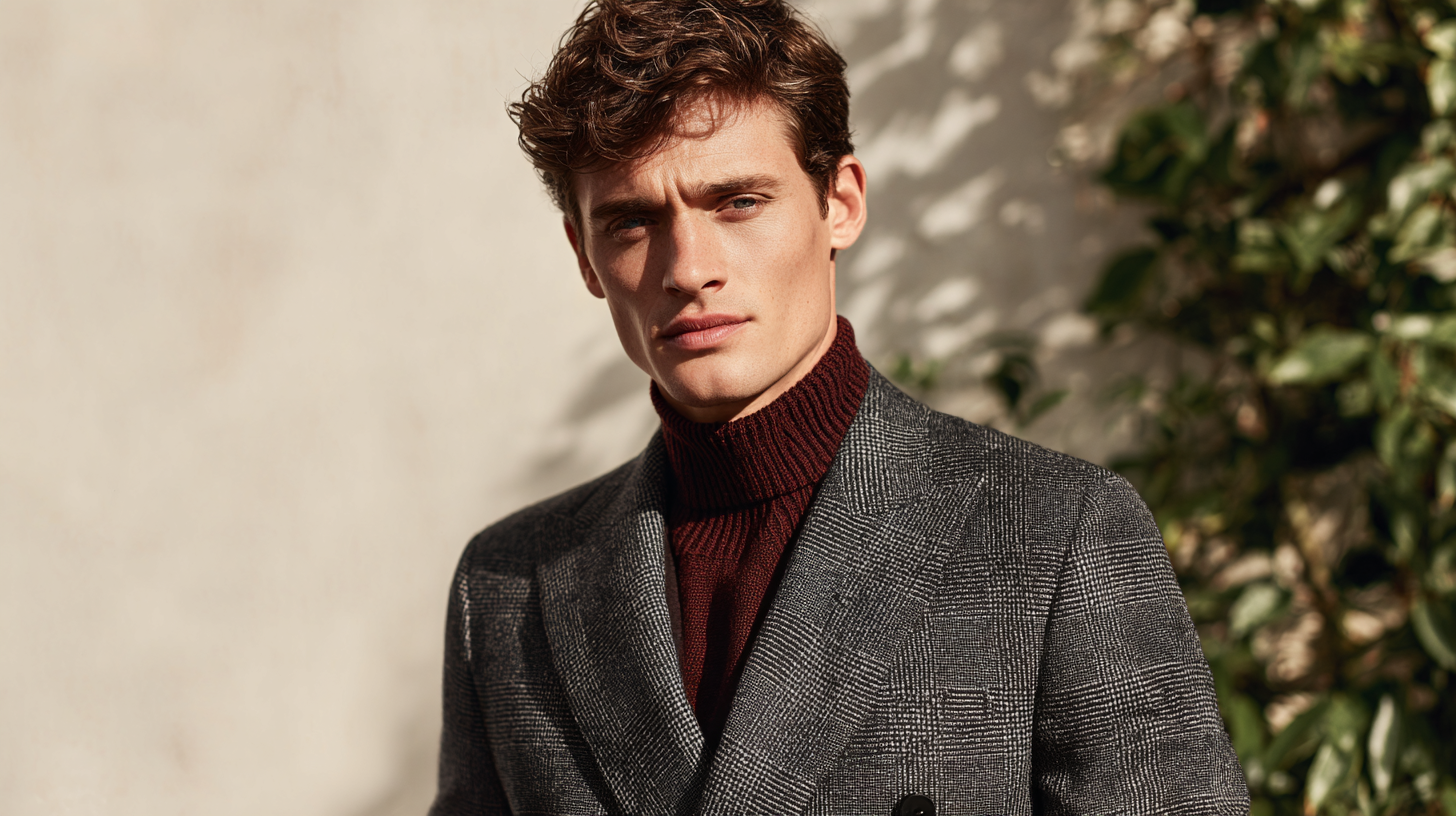 A man wearing a charocal check suit with a burgundy rollneck as christmas outfit.