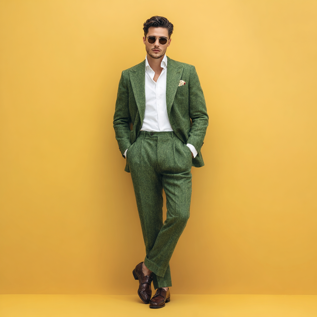 A stylish man in the desert wearing a green tweed suit and holding a circular mirror.