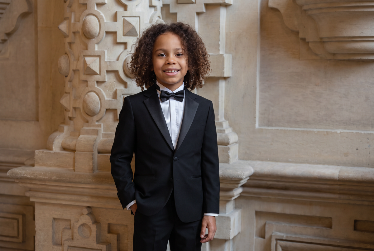 A boy wearing a christmas black tuxedo dinner suit to celebrate the festive season.