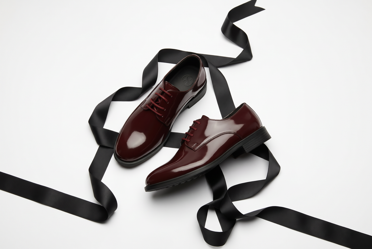 Boys patent burgundy dress shoes with a black ribbon tied around it.