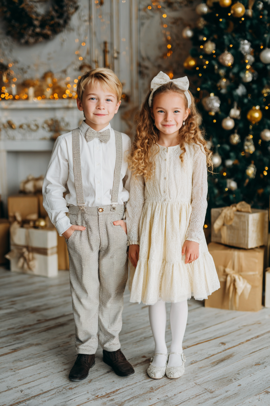 A boy and girl wearing formal outfits to a Christmas party