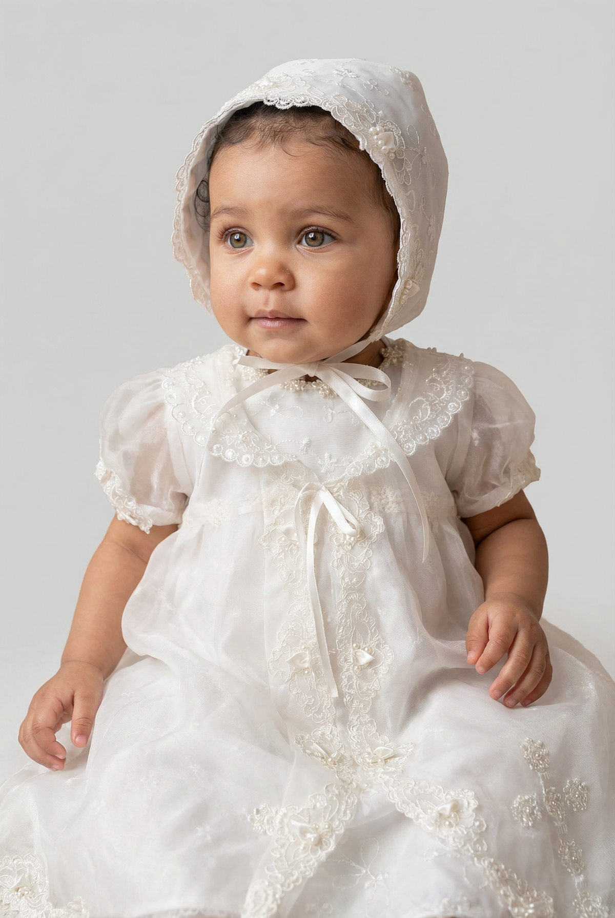 Baby Girls Christening Dress & Bonnet Set with Embroidered Bodice Model Picture
