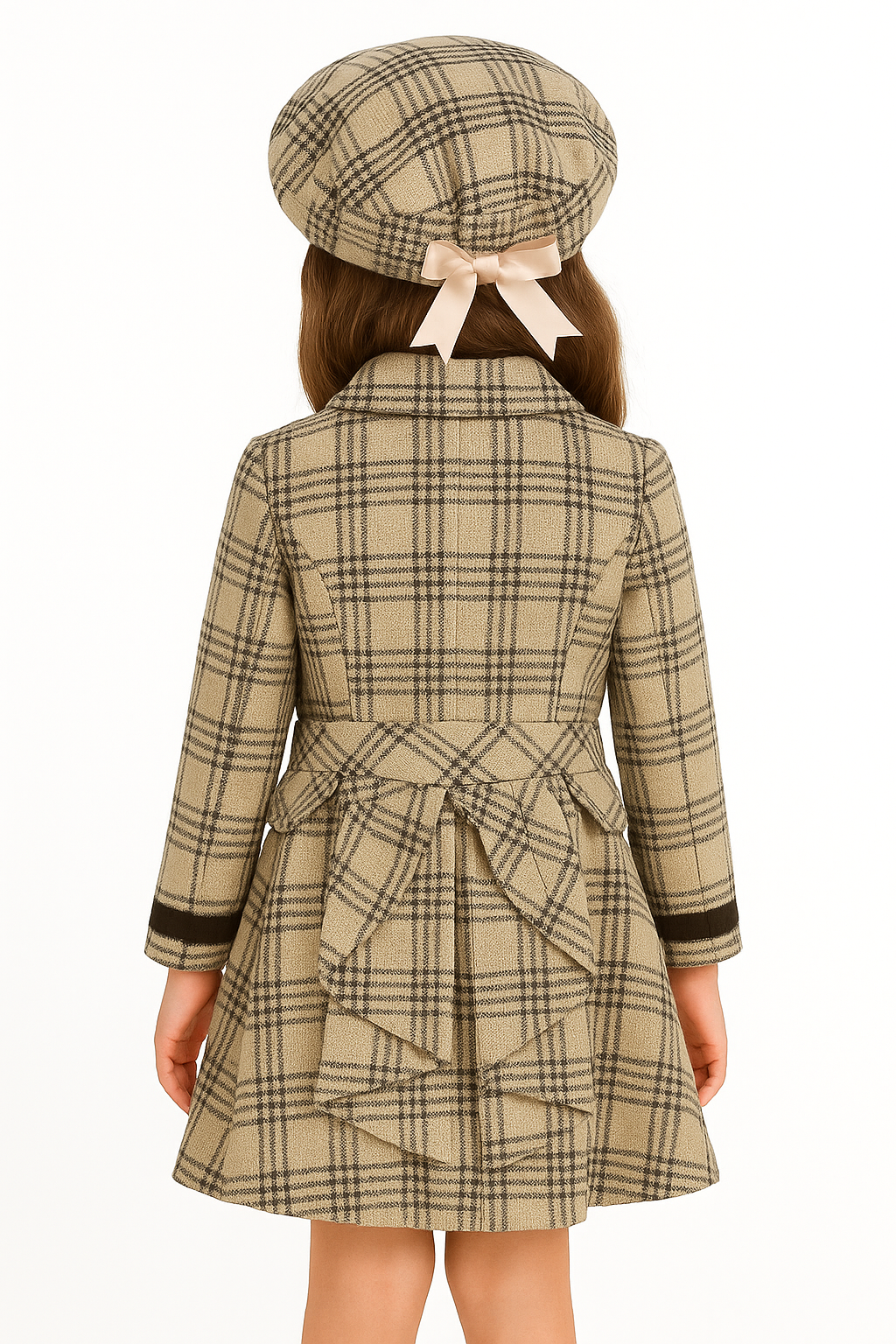 Ensemble manteau à carreaux beige et chapeau à nœud assorti pour fille